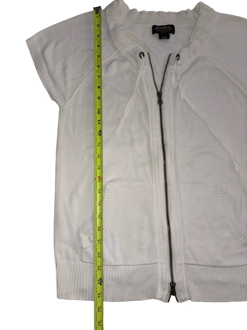 Eddie Bauer White Zip Front Short Sleeve Sweater Jacket Drawstring Neck Size L - Picture 5 of 6